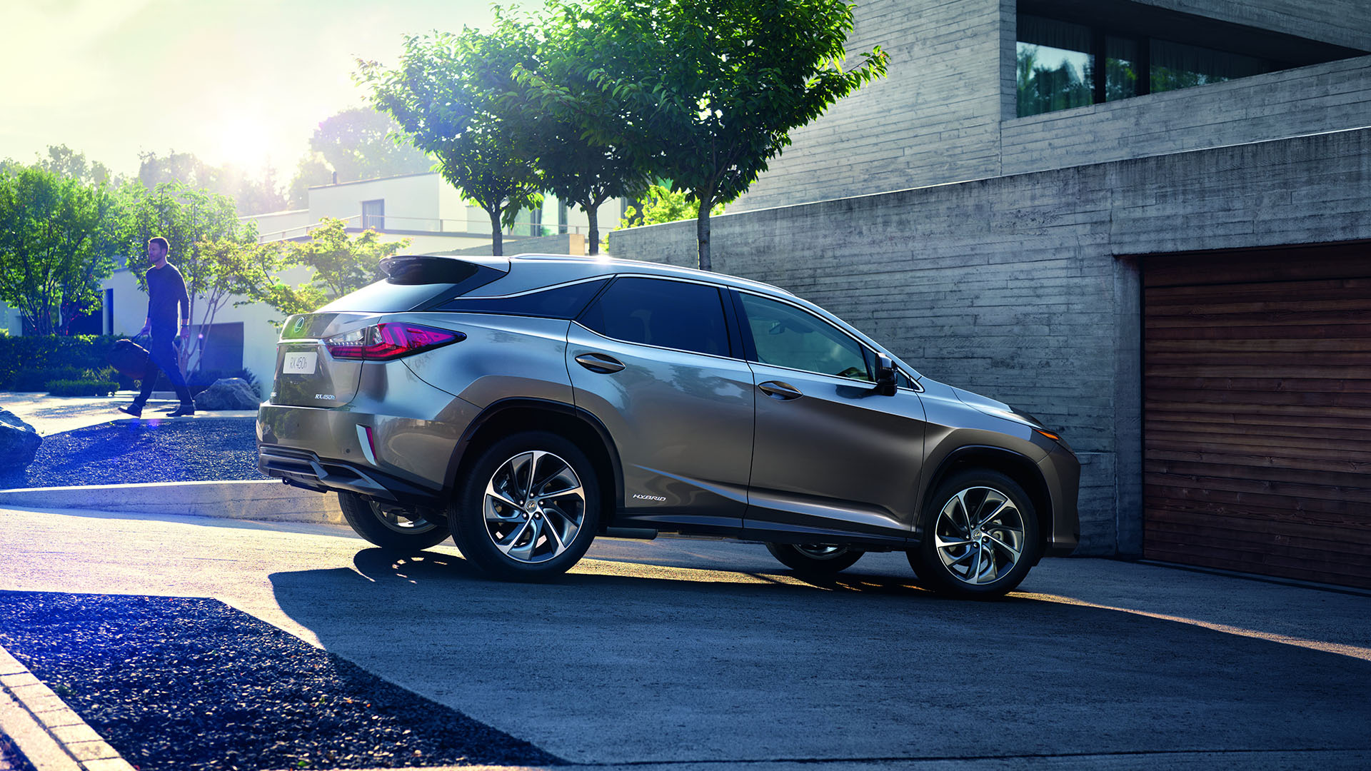 Zijkant van een grijze Lexus RX 450h